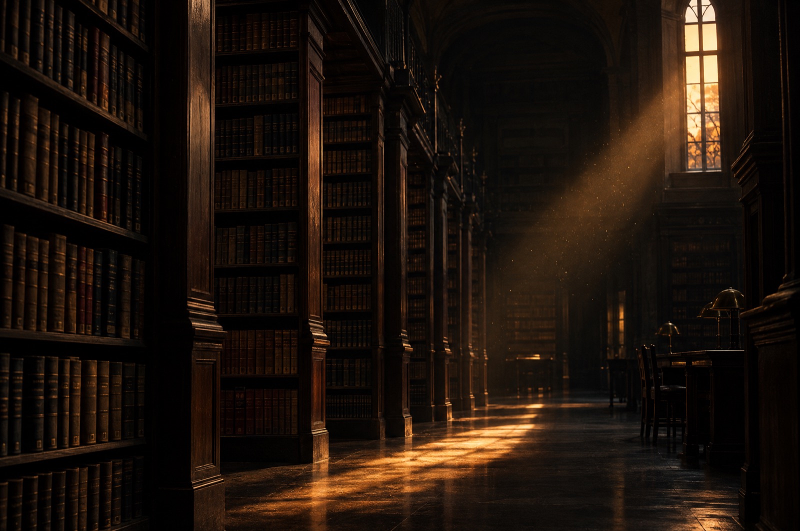 A quiet archive library lit by a single shaft of warm light