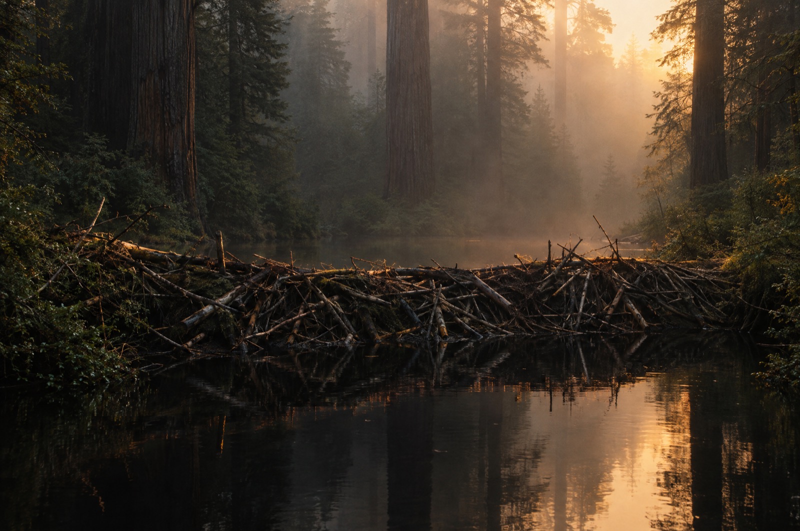 A beaver dam of interlocked branches spanning a still pond in a redwood grove at dawn