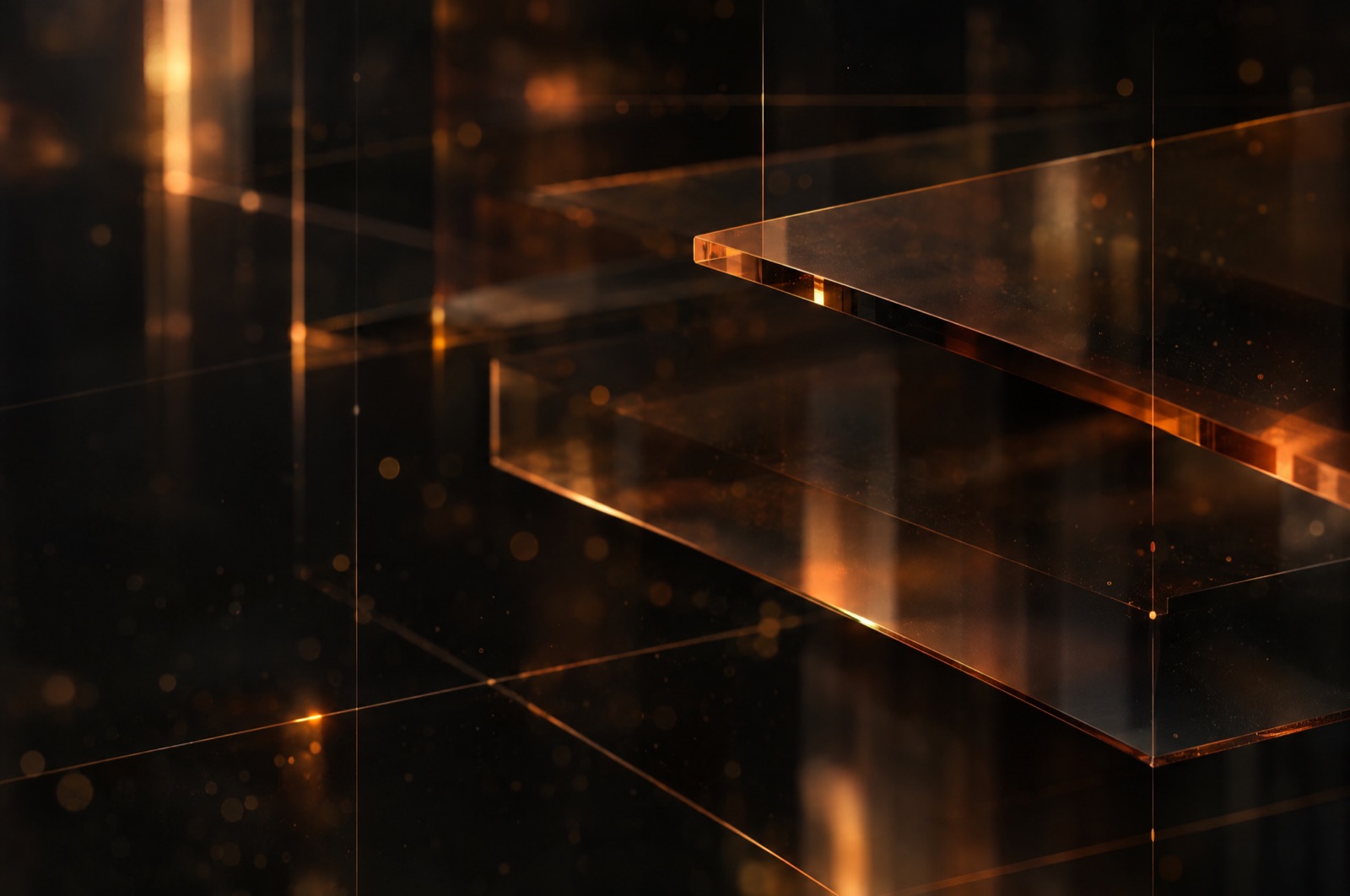 Layered smoked glass panels refracting amber light in dark space